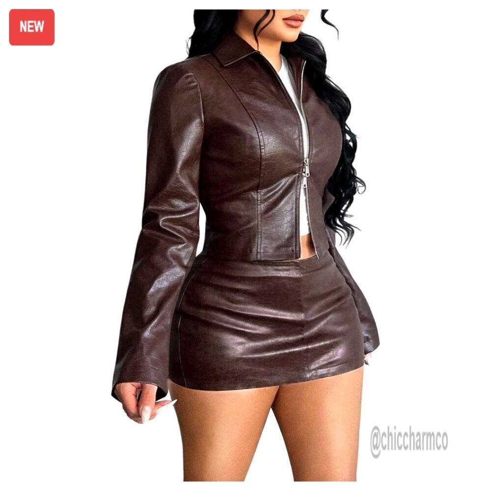 Faux Leather Zip Up Biker Jacket Cropped Motorcycle Style Streetwear Chic